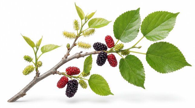 Mulberry branch with ripe black, red and green berry, leaf, flower isolated on white background.