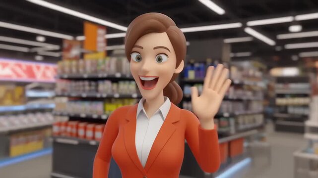 Cheerful 3D retail clerk waving inside supermarket aisle.