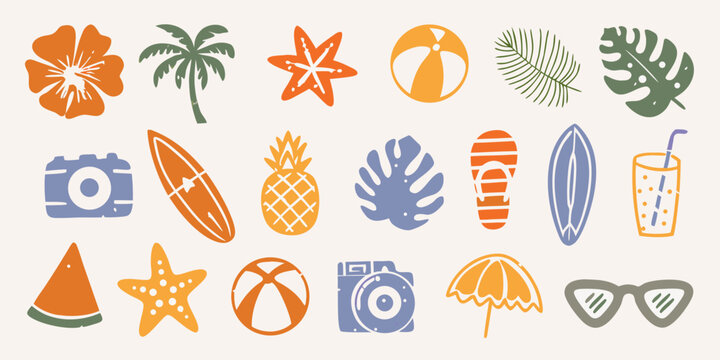 A colorful collection of summery icons and tropical vacation elements