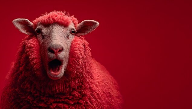 A vibrant red wool sheep with a light grey face and open mouth looks forward in a clean studio setting against a solid red background under bright even lighting presenting a striking and uni