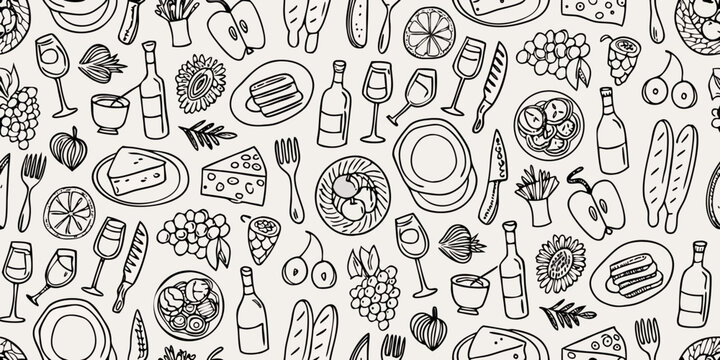 A seamless pattern of hand drawn food and drink illustrations