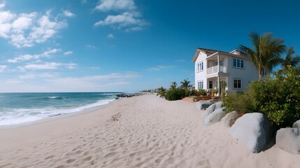 Obraz premium Modern white beach house with balconies overlooking the ocean under a clear blue sky with scattered clouds