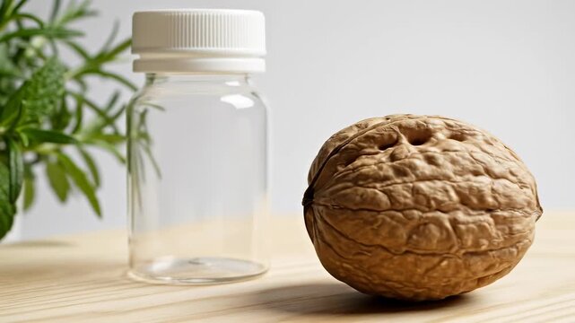 Clear glass bottle with white cap, walnut wooden table, green plant, natural healthy organic supplement, herbal medicine, minimalist style