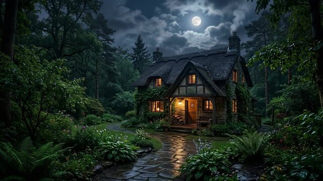 Cozy stone cottage with thatched roof in a forest at night under a full moon with warm glowing windows