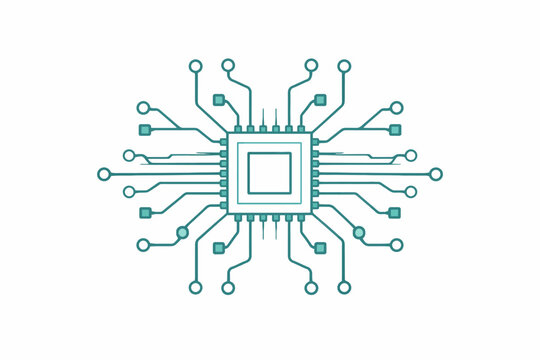 Abstract representation of a circuit board with microchip on white background