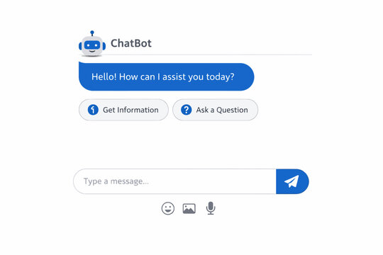 Interactive chatbot interface with message box and assistance options