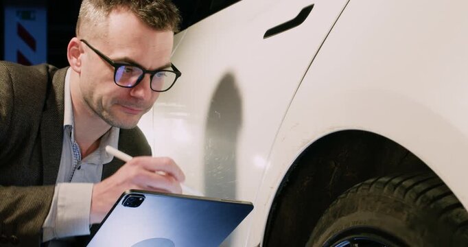 Worried insurance inspector examines car body and marks notes on digital tablet in garage. Agent analyzes vehicle damage after road accident in parking lot