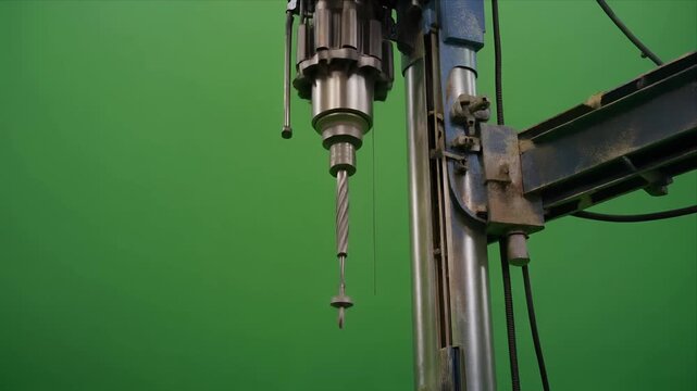 Closeup industrial drill press spindle on green background.
