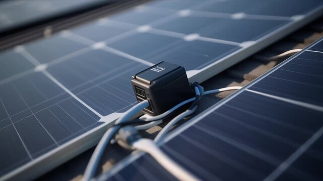 Closeup of photovoltaic solar panel junction box and cables.