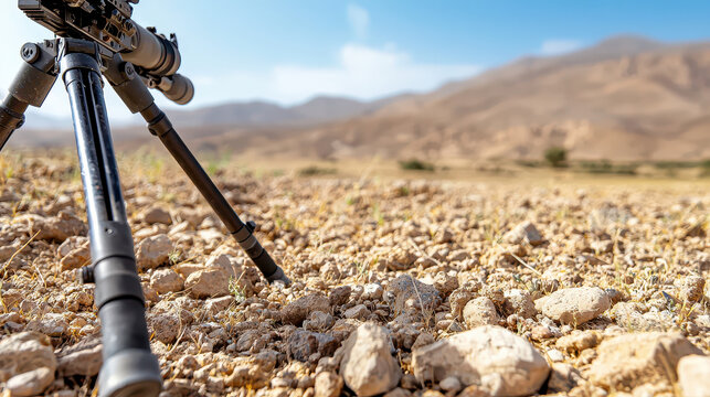 Close up view of machine gun mounted on tripod in rugged outdoor environment, showcasing rocky terrain and distant mountains