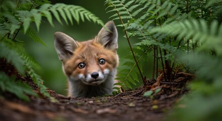 Obraz premium Adorable young fox cub peeking from behind lush green ferns in a forest setting