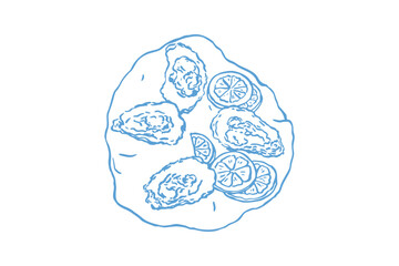 Line art illustration of fresh oysters served with lemon slices on a plate © Lazy