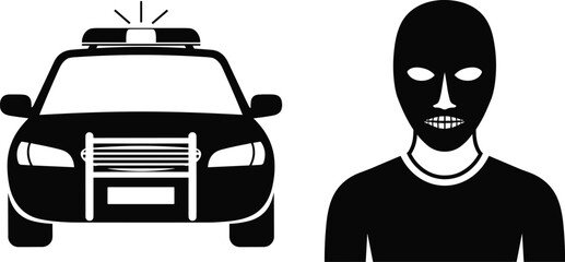 Police car icon, criminal suspect symbol, law enforcement illustration, crime prevention graphic, public safety design, police activity silhouette © Hello world 