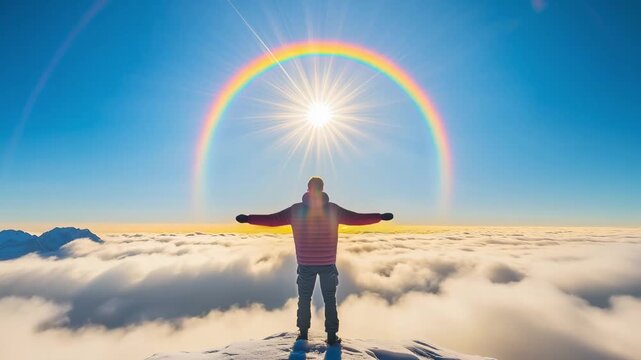 A person stands on a mountain peak looking at a rainbow and sun above a sea of clouds during the day
