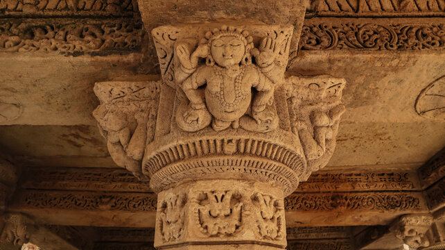 Ornamental Pillars and Relief Work at Rani ki Vav Stepwell of Patan, UNESCO World Heritage Site, Gujarat, India.