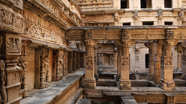 Ornamental Pillars and Relief Work at Rani ki Vav Stepwell of Patan, UNESCO World Heritage Site, Gujarat, India.