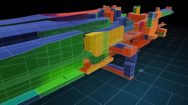 Colorful 3d mesh simulation heatmap model flythrough over grid.