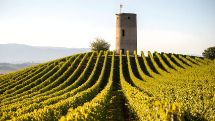 Obraz premium Vineyard landscape with tower and rows of lush green grapevines on a sunny hillside