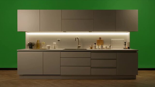 Contemporary grey kitchen cabinets with sink and warm undercabinet lighting against green wall.