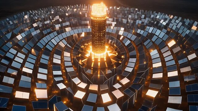 Concentrated solar power tower glowing at dusk.