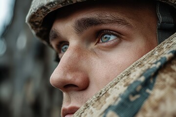 Naklejka premium Soldier holds worn national flag and stares into distance during duty at military base in the afternoon light