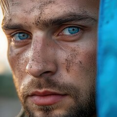 Obraz premium Ukrainian soldier with dirt and sweat on his face during a military operation in an outdoor setting in a conflict zone