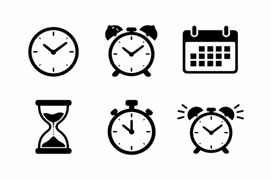 Clock and timer icons: alarm, stopwatch, hourglass, calendar