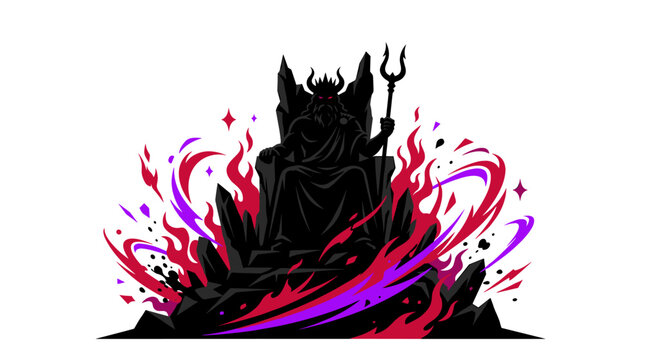 Silhouette of Hades king sitting on dark throne with trident and flames vector illustration