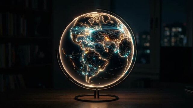 Glowing digital world map globe with illuminated network connection lines on a dark wooden desk in an office