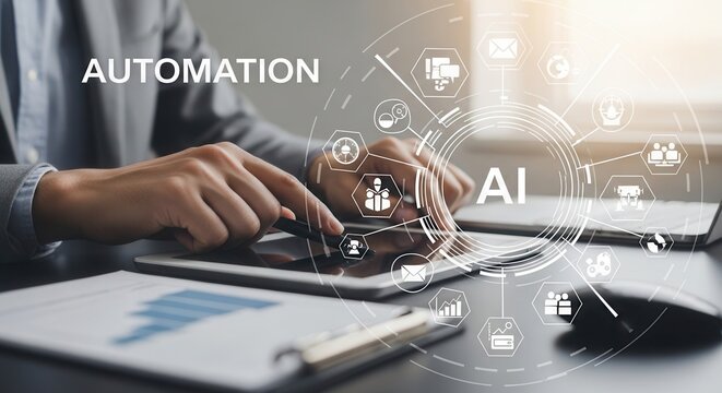 automation, workflow, ai, artificial intelligence, assistant, Close up of hands using a tablet with AI and automation icons overlay, symbolizing artificial intelligence and workflow efficiency.