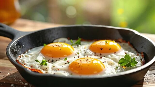 Perfectly cooked sunny side up eggs in a rustic cast iron skillet