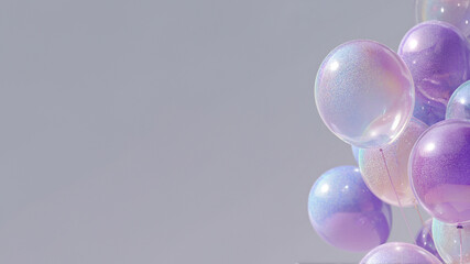 Fototapeta premium Glossy pastel floating balloons with glitter texture on neutral gray background