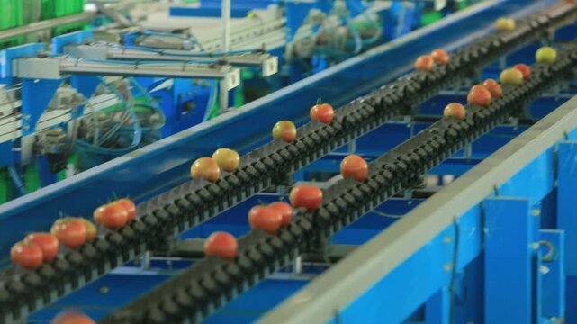 토마토공장기계위에서이동하다가떨어지는토마토(공장+기계+설비+장비+작업+노동+기술+컨베이어벨트+분류+레일+과일+야채)