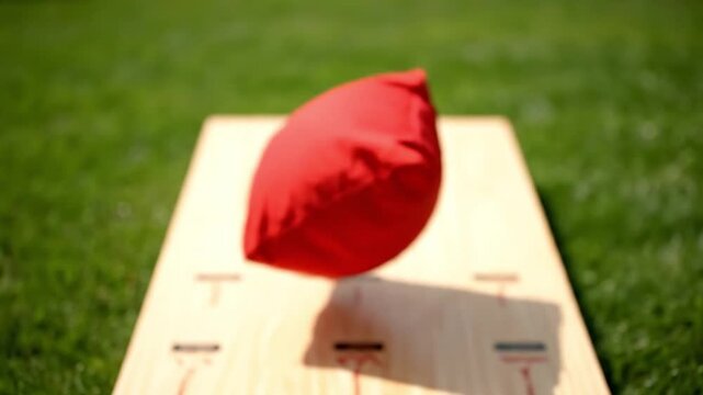 Red Bean Bag Landing on Wooden Cornhole Board on Green Lawn