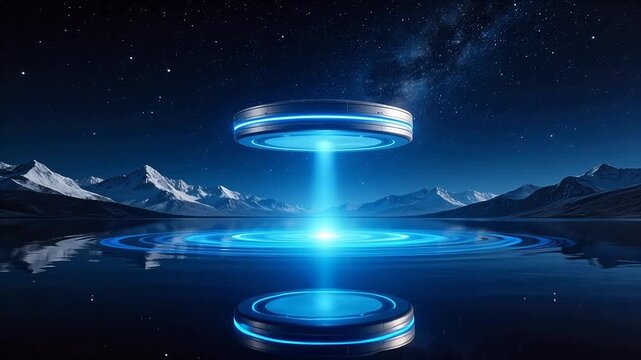 Futuristic platform over mountain lake