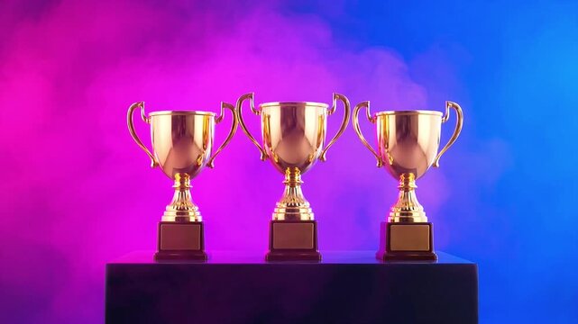 Three golden trophies standing on a dark pedestal against a vibrant pink and blue smoke background