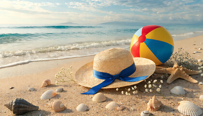 Obraz premium Straw beach hat with colorful ribbon on sandy shore with seashells and ocean waves
