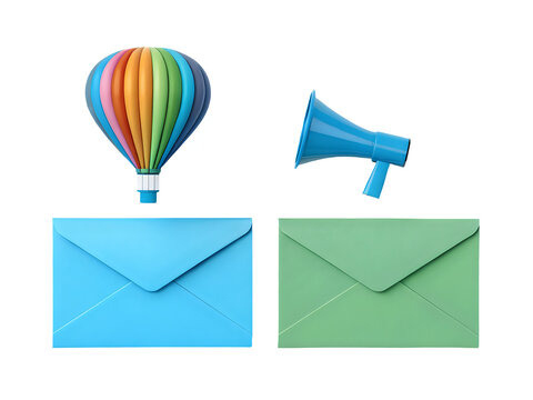 Colorful hot air balloon and megaphone on top of blue and green envelopes isolated on transparent background for communication and announcement concepts