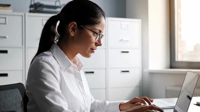 Woman working on laptop in office with white filing cabinets behind her