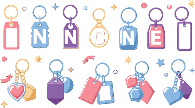 Colorful keychain tags set with alphabet letters and accessories, cute keyring charms collection in flat cartoon style vector illustration