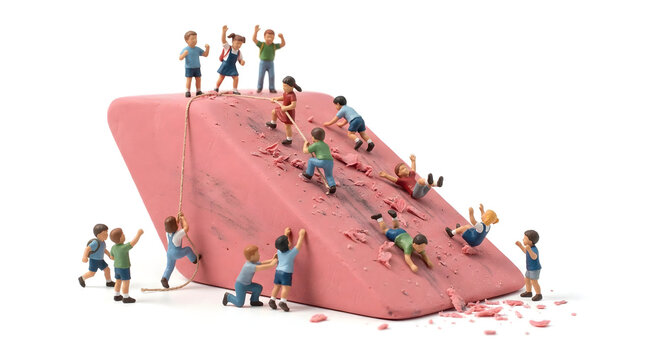 巨大な消しゴムを登る子供たち　やり直しと克服のイメージ　ミニチュア　コンセプト
