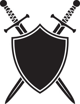 Black shield with two crossed swords on white background symbol
