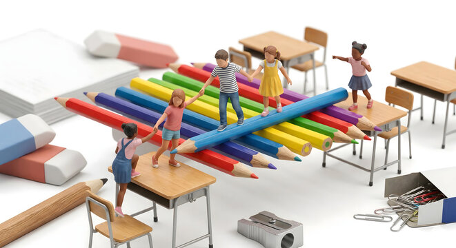 色鉛筆の橋を渡る子供たち　協力と絆のイメージ　ミニチュア　学校　コンセプト
