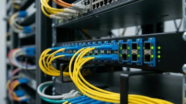 Modern network switch in a data center with yellow fiber optic cables and green flashing indicator lights