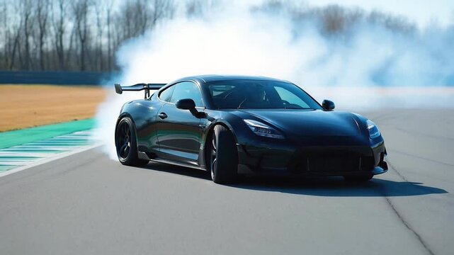 Black sports car drifting on a race track with smoke coming from tires