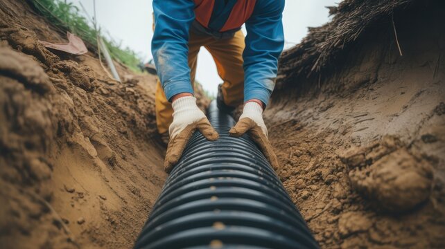 A worker installs a corrugated drainage pipe in a muddy trench.