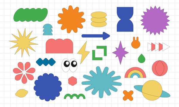 A set of pop art illustration patterns. A set of abstract shapes with colorful, retro, and groovy designs on a grid background. Vector illustrations in 90s and 2000s style.