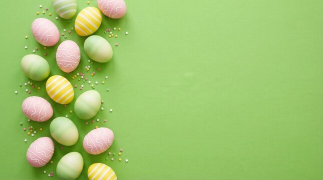 Festive pastel easter eggs and sprinkles arranged on a vibrant green background border