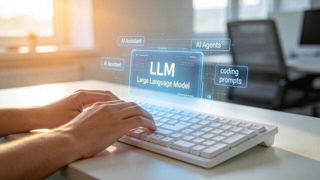 LLM large language model concept on computer keyboard,AI assistants and coding prompts interface for artificial intelligence agents and machine learning development
