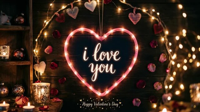 Romantic glowing pink heart with I love you text on rustic wooden wall with warm fairy lights candles and rose petals